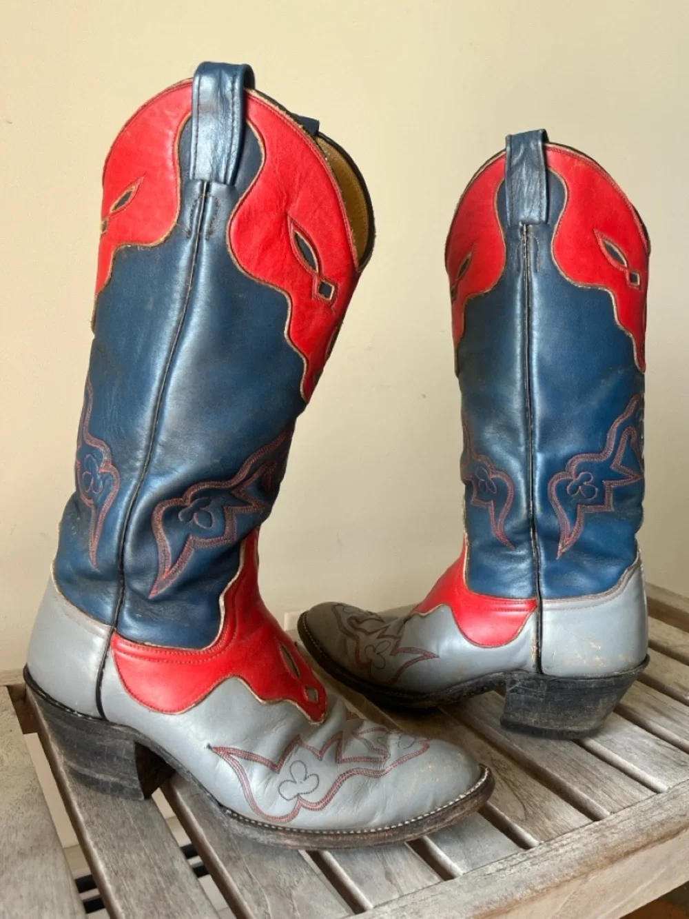 Vintage Laramie Handmade Western Boots Tri Color Red Blue Gray Leather Size 7 - Picture 4 of 17